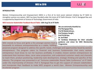 WEE in 2016
INTRODUCTION
Women Entrepreneurship and Empowerment (WEE) is a first of its kind social national initiative by IIT Delhi to
strengthen women eco system. WEE has been founded under the vision of IIT Delhi Director: Prof V. Ramgopal Rao and
is supported by Department of Science of Technology, Government of India.
WEE intends to focus and ignite a fire amongst women from a college going student to a middle aged
housewife to embrace entrepreneurship as a viable, fulfilling career option. WEE has created a high
powered program designed to address the specific needs, challenges and opportunities faced by women
entrepreneurs. The program caters to financial and business fundamentals that every women
entrepreneur must know to run her business profitably. It enables chosen women entrepreneurs to
understand their business ideas, carve value proposition, and understand customer needs and channels
to reach them, product positioning, leadership style development, strategic thinking and specifics of the
industry. The program was presented in an” Exclusive stakeholder Round Table Conference” at IIT Delhi
under the chairmanship of Director: Prof V. Ramgopal Rao to get the support of relevant stakeholders
and incorporate their feedback to make WEE program a world class Women Entrepreneurship and
Accelerate program.
We are extremely thankful to
Prof Ramgopal Rao,
Prof M Balakrishnan,
Prof Sanjeev Sanghi,
Prof P.V.M Rao
Dr. Anil Wali
Dr Sandeep Chatterjee for their valuable
guidance and vision for WEE Mentorship
Programme
WEE Exclusive Stakeholder Feedback Round Table: 16th Aug’16 at IIT Delhi
 