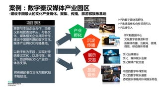 产业
孵化
沉淀
传播
展示
交易
旅游
娱乐
HP的数字媒体云孵化
HP市场宣传和合作招商引入
HP品牌引入
IDC和数据中心
文化数字音像资料馆
新媒体传播，互联网、微博、
微信、移动媒体传播
文化品牌展示
文化、媒体娱乐会展
文化媒体产权交易
中国的数字环球影城
文化的数字娱乐盛宴
酒吧娱乐等晚间休闲娱乐特色
惠普与本地企业合作，由秦
汉新城管委会牵头，与各文
化、媒体相关企业共同合作，
建设中国最先进的数字文化、
媒体产业孵化和传播基地。
项目思路
以数字化为手段，实现对传
统秦汉文化，以及传媒、娱
乐、旅游等新文化产业的一
体化支撑。
将传统的秦汉文化与现代技
术相结合。
案例：数字秦汉媒体产业园区
-建设中国最大的文化产业孵化、聚集、传播、旅游和娱乐基地
 