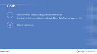 You leave here understanding the fundamentals of
the Apache Beam model and the Google Cloud Dataflow managed service
We ha...