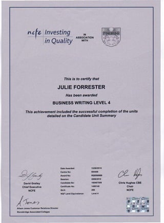 IN
ASSOCIATION
WITH
e- Investing
,in Quality
This is to certify that
JULIE FORRESTER
Has been awarded
BUSINESS WRITING LEVEL 4
This achievement included the successful completion of the units
detailed on the Candidate Unit Summary
1210812010
004406
IIQ0006669
200912010
100467509
1490149
200
Date Awarded:
Centre No:
Award No:
Session:
Candidate No:
Certificate No:
GLH:
Chris Hughes CBE
Chair
NCFE
David Grailey
Chief Executive
NCFE
NQF Level Equivalence: t.evel 4
Alison Jones Customer Relations Director
Stonebridge Associated Colleges
 