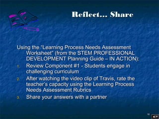 1818
Reflect… ShareReflect… Share
Using the “Learning Process Needs AssessmentUsing the “Learning Process Needs Assessment
Worksheet” (from the STEM PROFESSIONALWorksheet” (from the STEM PROFESSIONAL
DEVELOPMENT Planning Guide – IN ACTION):DEVELOPMENT Planning Guide – IN ACTION):
1.1. Review Component #1 - Students engage inReview Component #1 - Students engage in
challenging curriculumchallenging curriculum
2.2. After watching the video clip of Travis, rate theAfter watching the video clip of Travis, rate the
teacher’s capacity using the Learning Processteacher’s capacity using the Learning Process
Needs Assessment RubricsNeeds Assessment Rubrics
3.3. Share your answers with a partnerShare your answers with a partner
 
