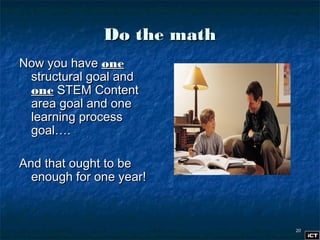 2020
Do the mathDo the math
Now you haveNow you have oneone
structural goal andstructural goal and
oneone STEM ContentSTEM Content
area goal and onearea goal and one
learning processlearning process
goal….goal….
And that ought to beAnd that ought to be
enough for one year!enough for one year!
 