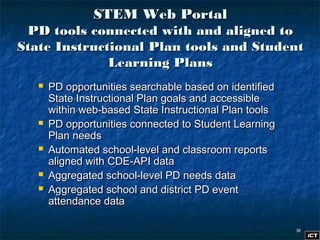 3636
STEM Web PortalSTEM Web Portal
PD tools connected with and aligned toPD tools connected with and aligned to
State Instructional Plan tools and StudentState Instructional Plan tools and Student
Learning PlansLearning Plans
 PD opportunities searchable based on identifiedPD opportunities searchable based on identified
State Instructional Plan goals and accessibleState Instructional Plan goals and accessible
within web-based State Instructional Plan toolswithin web-based State Instructional Plan tools
 PD opportunities connected to Student LearningPD opportunities connected to Student Learning
Plan needsPlan needs
 Automated school-level and classroom reportsAutomated school-level and classroom reports
aligned with CDE-API dataaligned with CDE-API data
 Aggregated school-level PD needs dataAggregated school-level PD needs data
 Aggregated school and district PD eventAggregated school and district PD event
attendance dataattendance data
 