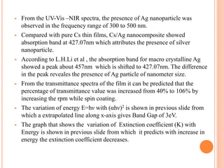  From the UV-Vis –NIR spectra, the presence of Ag nanoparticle was
observed in the frequency range of 300 to 500 nm.
 Compared with pure Cs thin films, Cs/Ag nanocomposite showed
absorption band at 427.07nm which attributes the presence of silver
nanoparticle.
 According to L.H.Li et al , the absorption band for macro crystalline Ag
showed a peak about 457nm which is shifted to 427.07nm. The difference
in the peak reveales the presence of Ag particle of nanometer size.
 From the transmittance spectra of the film it can be predicted that the
percentage of transmittance value was increased from 40% to 106% by
increasing the rpm while spin coating.
 The variation of energy E=hν with (αhν)2 is shown in previous slide from
which a extrapolated line along x-axis gives Band Gap of 3eV.
 The graph that shows the variation of Extinction coefficient (K) with
Energy is shown in previous slide from which it predicts with increase in
energy the extinction coefficient decreases.
 