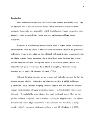 4
Introduction
Rivers and streams are places on Earth’s surface that are made up of flowing water. They
are important parts of the water cycle that provide surficial transport of water across Earth’s
continents. Streams also serve as a suitable method for discharging of human wastewater, which
introduces foreign compounds into Earth’s waterways and disrupts established natural
ecosystems.
Wastewater is treated through sewage treatment plants to remove harmful concentrations
of contaminants before the water is re-introduced to the environment. However, this purification
and removal process is not perfect, and many chemicals still remain in micro-concentrations after
the dilution process. Treated wastewater effluent, or the liquid waste discharged into the river,
contains micro-concentrations of compounds missed in the treatment process (Baronti et al.
2000). One such group of compounds that is difficult to completely rid of in the sewage
treatment process is endocrine disrupting chemicals (EDCs).
Endocrine disrupting chemicals are non-volatile, small molecular chemicals that have the
potential to cause infertility, feminization, and other adverse effects in wildlife and humans
(Colborn et al. 1993). Endocrine disrupting chemicals originate from both urban and residential
sources. There are natural estrogenic compounds, such as 17 α-ethynylestradiol (EE2), estrone
(E1), and 17 β-estradiol (E2), which originate from mainly residential sources. There are also
phenolic estrogenic compounds, such as bisphenol A (BPA) and nonylphenol (NP) that originate
from industrial sources. High concentrations of these chemicals have been found to disrupt
sexuality in fish by interrupting vitellogenin synthesis in male fish (Routledge et al. 1998).
 