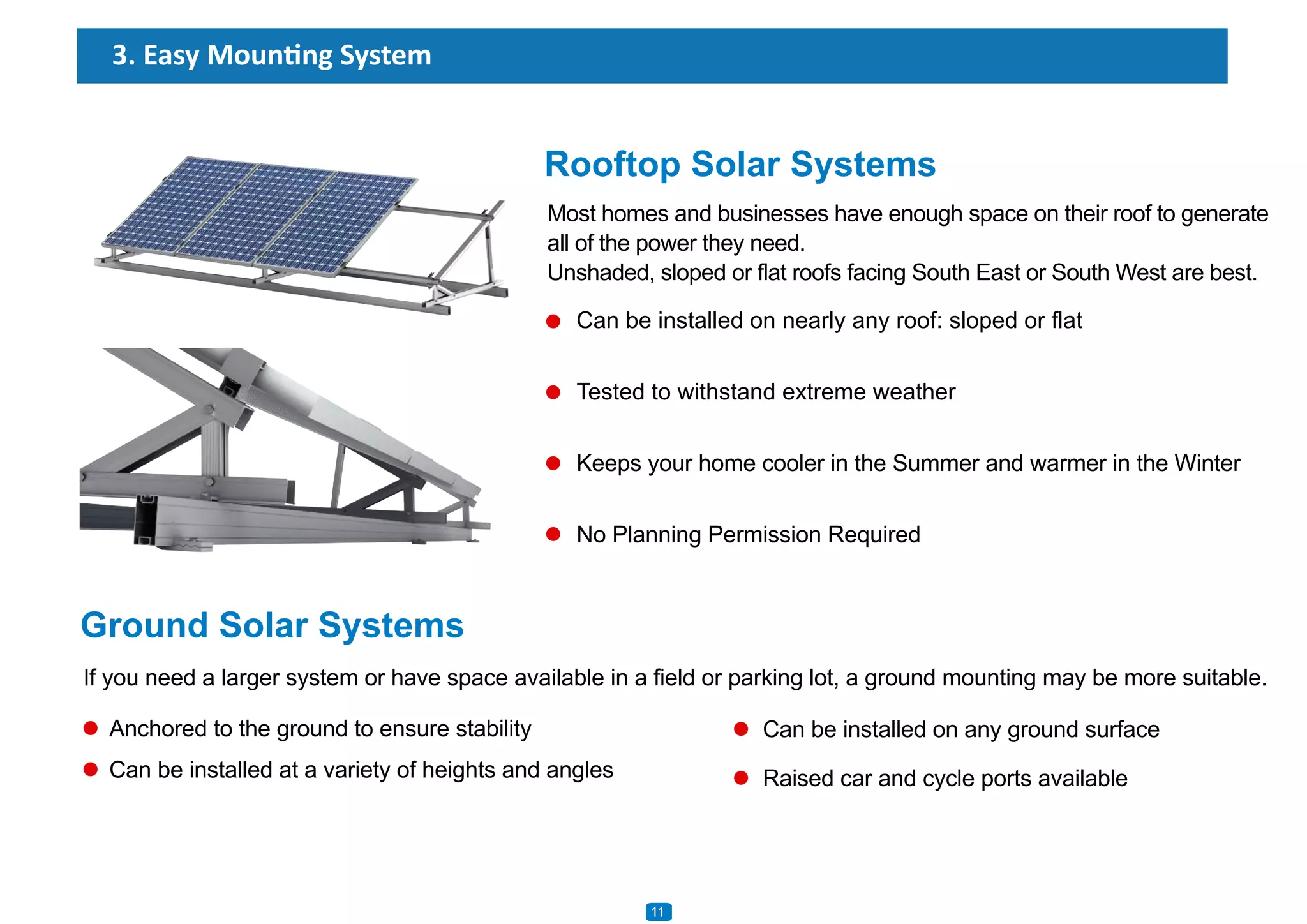 Rooftop Solar Systems
Most homes and businesses have enough space on their roof to generate
all of the power they need.
Unshaded, sloped or flat roofs facing South East or South West are best.
Ground Solar Systems
If you need a larger system or have space available in a field or parking lot, a ground mounting may be more suitable.
Tested to withstand extreme weather
Can be installed on nearly any roof: sloped or flat
Keeps your home cooler in the Summer and warmer in the Winter
No Planning Permission Required
Anchored to the ground to ensure stability Can be installed on any ground surface
Can be installed at a variety of heights and angles Raised car and cycle ports available
3. Easy Mounting System
1011
 