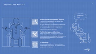 S e r v i c e s W e P r o v i d e
Infrastructure management Services
IT infrastructure management has become more
complex and time consuming.
But some elements of your IT infrastructure probably
aren’t strategic differentiators to your business –
you simply need them to work in order for your
organization to operate effectively.
Facility Management Services
FMS for the supervision, management and control of
complex desktop environments, helping organizations
maintain operational continuity without worrying about the
technical and technological aspects of their installed
computing equipment.
IT consulting
Every Business has different IT needs which can
accelerate their work process , we understand their
actual needs and deliver it
And Relaxed
Client
4
 