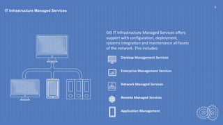 IT Infrastructure Managed Services
GIS IT Infrastructure Managed Services offers
support with configuration, deployment,
systems integration and maintenance all facets
of the network. This includes:
5
Desktop Management Services
Enterprise Management Services
Network Managed Services
Remote Managed Services
Application Management
 