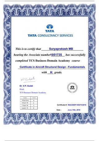Certificate #:
This is to certify that ____________________________Suryaprakash MB
1051735bearing the Associate number _________ has successfully
completed TCS Business Domain Academy course
Certificate in Aircraft Structural Design - Fundamentals_____________________________________________
with ____ grade.H
NGCASDF/165273/2016
Date : June 15th, 2016
Dr. V.P. Gulati
Head,
TCS Business Domain Academy
Powered by TCPDF (www.tcpdf.org)
 