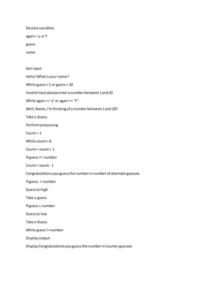 Guess a number game | DOCX | Programming Languages | Computing