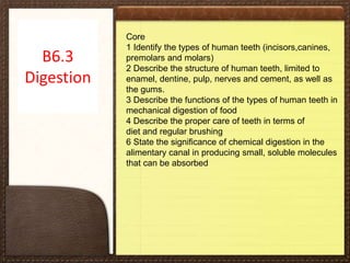B6.3
Digestion
Core
1 Identify the types of human teeth (incisors,canines,
premolars and molars)
2 Describe the structure of human teeth, limited to
enamel, dentine, pulp, nerves and cement, as well as
the gums.
3 Describe the functions of the types of human teeth in
mechanical digestion of food
4 Describe the proper care of teeth in terms of
diet and regular brushing
6 State the significance of chemical digestion in the
alimentary canal in producing small, soluble molecules
that can be absorbed
 