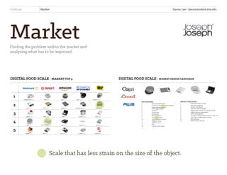 KEY FEATURES
1.	 Easy clean and storage
2.	 Automatic shutoff to conserve battery
3.	 Large weighing platform
4.	 Clear, large buttons
5.	Precision
6.	 Unit change
7.	 LCD screen
8.	 Run on batteries
9.	 Clear, easy display
10.	 Touch sensitive controls
11.	 Weighs 9~15 lbs.
12.	 Different colors
13.	Tare
14.	 Stainless steel or glass
DIGITAL FOOD SCALE • MARKET DESIGN LANGUAGE
MAJOR COMPLAINTS
1.	 Tare button does not work
2.	 Inaccurate weighing
3.	 Unclear, tiny display
4.	 Does not sit flat or straight
5.	 Flimsy buttons (prefer actual push button)
6.	 Difficult battery compartment
7.	 Looks cheap (plastic)
8.	 Too light so when pushing a button, it tips over
9.	 LCD screen easily getting scratched
10.	 Parts fall apart
11.	 Plastic start to come off
MarketFinding the problem within the market and
analyzing what has to be improved
FoldScale Market
Scale that has less strain on the size of the object.
DIGITAL FOOD SCALE • MARKET TOP 5
1
2
3
4
5
The Biggest Loser $14.13 Taylor $25.99 Ozeri $12.47 Escali $24.99 EatSmart $29.99
Ozeri $17.47 Taylor $28.99 DecoBros $9.87 Sharper Image $24.99 AWS $72.83
Etekcity $7.99 Taylor $31.99 AWS $7.50 Cuisinart $49.99 Escali $34.99
Ozeri $15.18 Perfect Portions $39.99 AWS $19.90 Mastrad $19.99 EatSmart $39.99
Etekcity $19.99 AWS $19.99 Ozeri $13.60 Cuisinart $39.99 eForCity $10.69
Jiyoon Lee • jlee2@student.otis.edu
 