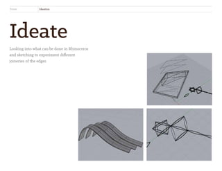 Ideate
Looking into what can be done in Rhinoceros
and sketching to experiment different
joineries of the edges
Trivet Ideation Jiyoon Lee • ippenjunie@hotmail.com
 