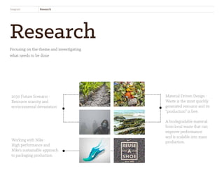 Research
Focusing on the theme and investigating
what needs to be done
Seagrain Research
Material Driven Design :
Waste is the most quickly
generated resource and its
“production” is free.
A biodegradable material
from local waste that can
improve performance
and is scalable into mass
production.
2030 Future Scenario :
Resource scarcity and
environmental devastation
Working with Nike :
High performance and
Nike’s sustainable approach
to packaging production
 