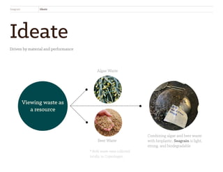 Ideate
Driven by material and performance
Seagrain Ideate
Viewing waste as
a resource
Algae Waste
Beer Waste
* Both waste were collected
locally, in Copenhagen
Combining algae and beer waste
with bioplastic, Seagrain is light,
strong, and biodegradable
 