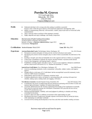 Business major with an avid love for sports
Page 1 of 2
Porsha M. Graves
512 Carol Leigh Drive
Gibsonville, NC 27249
(336) 437-4362
Pmgraves90@gmail.com
Profile  Dedicated individual with a strong work ethic seeking to establish a successful
business career within thesports industry with exceptional organization and leadership skills
 Skillful at communicating effectively with customers, vendors, players and staff via written and verbal
communications
 Able to motivate others to perform to their maximum potential
 Highly adaptable and enjoys challenges and friendly competition
Education The University of North Carolina at Greensboro
The Bryan School of Business and Economics
Bachelor of Science in Business Administration, August 2012
Concentration: Management GPA: 3.3
Certifications Series 6 License- March 2013 Loma 281- May 2015
Experience Assistant Basketball Coach, TheBurlington School, Burlington, NC Oct. 2013-Present
 Participates in practice and games by being actively involved with players and coaches
 Developing new practice routines and game plays in order to better accommodate the skill levels of the
players
 Instilling in thegirls more than just basketball, but in life in general and how to behave as young ladies
 Utilizes excel spreadsheets to maintain all statistics, develop formulas to optimizeresults desired
 Assist in time management and keeping thegirl’s attentive
 Established a winning program only after 2 years, 3rd
year we were conference champions (undefeated
and best school record with record of 21-5) - Reached the Semifinals 2nd
season
Special Event Staff/Admin, City of Burlington, Burlington, NC June 2009-Present
 Assist in coordinating community events; communicate with public, validate vendors, and organize
logistics
 Manage effective work teams of 5-15 individuals that has accomplished successful community events
with over 5,000 citizens in attendance
 Independently supervisetasks of a community recreation center
 Completes administrative duties, not limited to: answering phonecalls, assisting with supervisor
schedule, making copies, sending emails and engaging with clients
New Business Associate, Lincoln Financial Group, Greensboro, NC June 2014-January 2016
 Contributed to thesuccess of underwriting and new business by partnering with coworkers to create and
maintain high performance. Candidate for underwriting training.
 Accurately administered new life insurance applications from receipt of new application to eventually
final status by proactively learning new information- Maintained a 98% pass and risk rate with an
overall 102% productivity score
 Demonstrated dependability, flexibility and sound judgment by adhering to schedules and taking
ownership for my actions
 Learned to adjust and adapt to a different environment while understanding my goals
 Distributed work items to underwriters through a separate work function than my normal job duties,
while maintaining two individual workloads
 Assisted with the training and development of new hires and other team members needing assistance
 