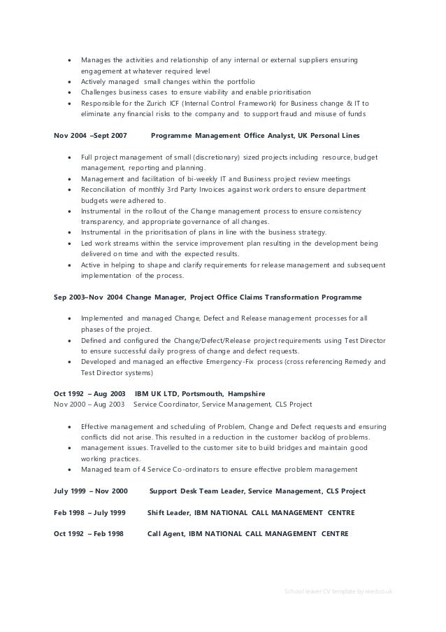 school leavers cv