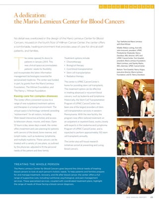 232012 Annual Report
OL O SD AC N RC EB
A dedication:
the Mario Lemieux Center for Blood Cancers
Treating the Whole Person
The Mario Lemieux Center for Blood Cancers goes beyond the clinical needs of treating
blood cancers to look at each person’s holistic needs. To help patients and families prepare
for and manage treatment, recovery, and life after blood cancer, the center offers a full
range of supportive care, including nutritional, psychological, and pain management
services. These specialized services, coupled with coordinated treatment plans, highlight
the range of needs of those facing a blood cancer diagnosis.
Top: Nathalie and Mario Lemieux
with Elsie Hillman
Middle: Ribbon cutting, from left,
John Innocenti, president, UPMC
Presbyterian Shadyside, Nancy
Davidson, MD, director, UPCI and
UPMC CancerCenter, Tom Grealish,
president, Mario Lemieux Foundation,
Mario Lemieux, and Stanley Marks,
MD, chairman, UPMC CancerCenter.
Bottom: Tom Grealish, Nancy Angus,
executive director, Mario Lemieux
Foundation, and Dr. Nancy Davidson.
No detail was overlooked in the design of the Mario Lemieux Center for Blood
Cancers. Housed on the fourth floor of Hillman Cancer Center, the center offers
a comfortable, healing environment that provides ease of care for clinical staff,
patients, and families.
T
he center opened its doors to
patients in January 2013. This
new clinical space accommodates
patients’ needs for flexibility
and incorporates the latest information
management technologies essential for
personalized medicine. The center was funded,
in part, by grants from the Mario Lemieux
Foundation, The Hillman Foundation, and
The Henry L. Hillman Foundation.
Easing care for complex diseases
The center offers convenient access to a
range of new outpatient treatment options
and therapies in a tranquil environment. The
unique space is technology-centered, providing
“edutainment” for all visitors, including
Web-based interactive activities and access
to television shows, movies, and news. Open
12 hours a day, seven days a week, the center
offers treatment and care planning for patients
with cancers of the blood, bone marrow, and
lymph nodes, such as leukemia, lymphoma,
and multiple myeloma. These cancers can be
treated with a variety of care plans, as outlined
by the physician, adjusted to fit the personal
needs of the patient and their family.
Treatment options include:
•	 Chemotherapy
•	 Biological therapy
•	 Cord blood transplantation
•	 Stem cell transplantation
•	 Radiation therapy
The center is UPMC CancerCenter’s
home for providing stem cell transplants.
This treatment option can be effective
in treating advanced or recurrent blood
cancers, such as leukemia and lymphoma.
Historically, the Stem Cell Transplantation
Program of UPMC CancerCenter has
been one of the largest providers of stem
cell transplantation services in western
Pennsylvania. With the new facility, the
program now offers tailored treatment on
an outpatient or inpatient basis, works closely
with experts in the Leukemia and Lymphoma
Program of UPMC CancerCenter, and is
expected to perform approximately 150 stem
cell transplants annually.
The center also will house research
initiatives aimed at preventing and curing
blood cancers.
 