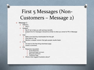 First 5 Messages (Non-
Customers – Message 2)
O Message 2.
O Delivery:
O Day 2
O Subject:
O My #1 tip to help you with (primary benefit).
O Subject line for message 2 should be similar to what you wrote for PS in Message
1.
O Gist:
O Make sure that they downloaded the free gift.
O Give them # 1 tip.
O Mention a deeper version that gets people results faster.
O CTA:
O Go back to the free thing download page.
O Leave a comment.
O PS:
O Response requested.
O Email Response.
O Download page comment.
O Blog post comment.
O Facebook Page.
O What is their biggest frustration about?
 