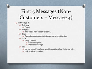 First 5 Messages (Non-
Customers – Message 4)
O Message 4
O Delivery.
O Day 6
O Subject.
O This was a hard lesson to learn…
O Gist.
O Example result/case study to overcome top objection.
O CTA.
O Enjoy Content.
O Classic Blog Post.
O Video Lesson Page.
O PS
O Let me know if you have specific questions I can help you with.
O Link to primary product.
 