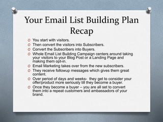 Your Email List Building Plan
Recap
O You start with visitors.
O Then convert the visitors into Subscribers.
O Convert the Subscribers into Buyers.
O Whole Email List Building Campaign centers around taking
your visitors to your Blog Post or a Landing Page and
making them opt-in.
O Email Marketing takes over from the new subscribers.
O They receive followup messages which gives them great
content.
O Over period of days and weeks- they get to consider your
offer/product more seriously till they become a buyer.
O Once they become a buyer – you are all set to convert
them into a repeat customers and ambassadors of your
brand.
 