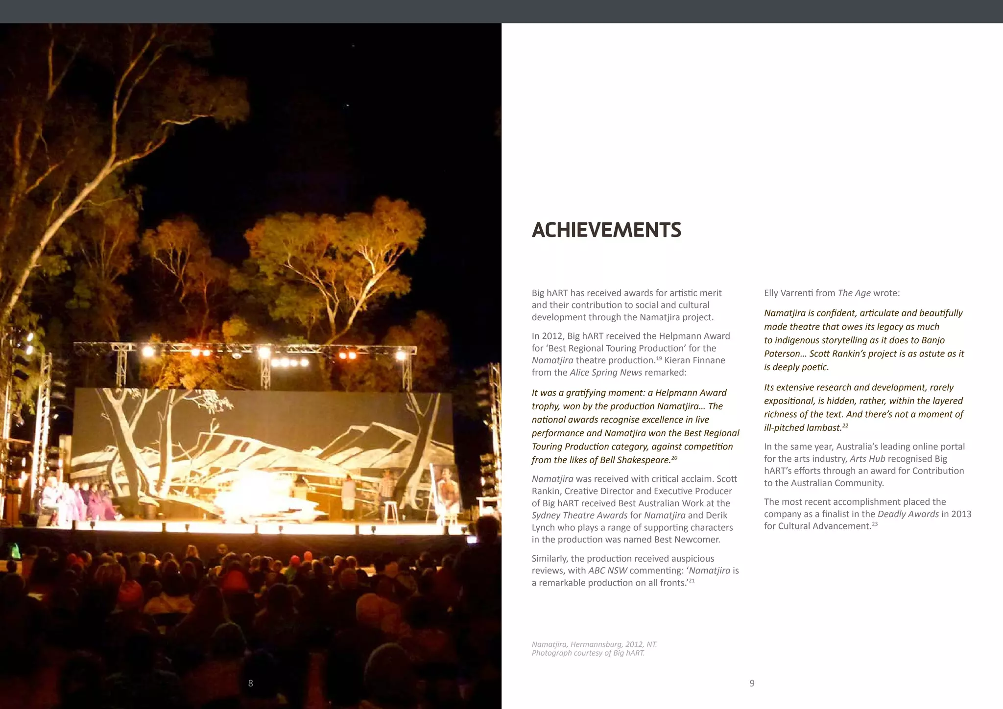 98
Elly Varrenti from The Age wrote:
Namatjira is confident, articulate and beautifully
made theatre that owes its legacy as much
to indigenous storytelling as it does to Banjo
Paterson… Scott Rankin’s project is as astute as it
is deeply poetic.
Its extensive research and development, rarely
expositional, is hidden, rather, within the layered
richness of the text. And there’s not a moment of
ill-pitched lambast.22
In the same year, Australia’s leading online portal
for the arts industry, Arts Hub recognised Big
hART’s efforts through an award for Contribution
to the Australian Community.
The most recent accomplishment placed the
company as a finalist in the Deadly Awards in 2013
for Cultural Advancement.23
Big hART has received awards for artistic merit
and their contribution to social and cultural
development through the Namatjira project.
In 2012, Big hART received the Helpmann Award
for ‘Best Regional Touring Production’ for the
Namatjira theatre production.19
Kieran Finnane
from the Alice Spring News remarked:
It was a gratifying moment: a Helpmann Award
trophy, won by the production Namatjira… The
national awards recognise excellence in live
performance and Namatjira won the Best Regional
Touring Production category, against competition
from the likes of Bell Shakespeare.20
Namatjira was received with critical acclaim. Scott
Rankin, Creative Director and Executive Producer
of Big hART received Best Australian Work at the
Sydney Theatre Awards for Namatjira and Derik
Lynch who plays a range of supporting characters
in the production was named Best Newcomer.
Similarly, the production received auspicious
reviews, with ABC NSW commenting: ‘Namatjira is
a remarkable production on all fronts.’21
Namatjira, Hermannsburg, 2012, NT.
Photograph courtesy of Big hART.
ACHIEVEMENTS
 