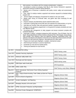 other services in accordance with the company provided plans / programs.
 Co-ordinate & control of company hired Rig & other Service Contractor’s equipment,
personnel & services for efficient drilling operations.
 Monitor work of Personnel in adherence with quality control, safety and environmental
guidelines.
 Plan, indent & mobilize material, equipment and services required for scheduled drilling
program and,
 Ensure integrity and adequacy of equipment & material on site upon arrival. .
 Review wells history for Wrokover wells, and gather data base necessary for well
intervention
 Propose solutions and alternatives should unplanned events arise.
 Participate in Drilling Dept annual HSE plan and supervise the implementation on rig site.
 Hold daily and Tool Box Talks with personnel involved in operation before hand.
 Prepare on site operations programmers’ on the ground of company standards and most
cost effective manner.
 Co-ordinate with management on daily progress and ensure contractor complies with
scheduled deadlines
 Participate in drilling / completion programme (AFE estimation, Time VS Depth, Cost VS
Depth. Hazard Identification & Risks Control’s, Directional Plan, Well Integrity: casing design,
shoe strength, Kick tolerance, early kick detection measures, cementation techs, mud
selection, bit selection and adoption of new tech on the base of the fit-for purpose principle.
Formations & well pressures prognosis, data gathering from offset wells)
 Prepare end of well report (Highlights, Lowlights, Improvement areas).
 Well finishing & handover to customer department.
 Coordinate rig move with the involved parties.
 Training and evaluation for local recruits.
Jan 2014 Extended Rich drilling
ADCO Training center
June 2013 Hydraulic fracturing Application
ADCO Training center
Oct 2012 Advanced safety leader ship
ADCO Training Center
June 2012 Stuck pipe and hole cleaning
ADCO training center
Aug 2009 EDM (Open wells & well plan)
KPO Kazakhstan
June 2008 Safety Leader Ship
Shell Training center Merry/ Malaysia
May 2011 IWCF: International Well Control Forum Drilling Supervisor
Certificate
April 2007 OPIT: Tropical Bosiet Including Travel Safely by Boat and Tropical
EBS Megamas (Brunei Shell)
April 2007 Permit to Work for Signatories.
Megamas (Brunei Shell)
April 2007 Incident Investigation and Reporting
Megamas (Brunei Shell)
April 2007 Managing Hazards at the work place
Megamas (Brunei Shell)
Mar 2007 CPRA: Concurrent Production and Rig Activities.
Megamas (Brunei Shell)
Aug 2006 Directional Survey Management (COMPASS)
TARGET
 