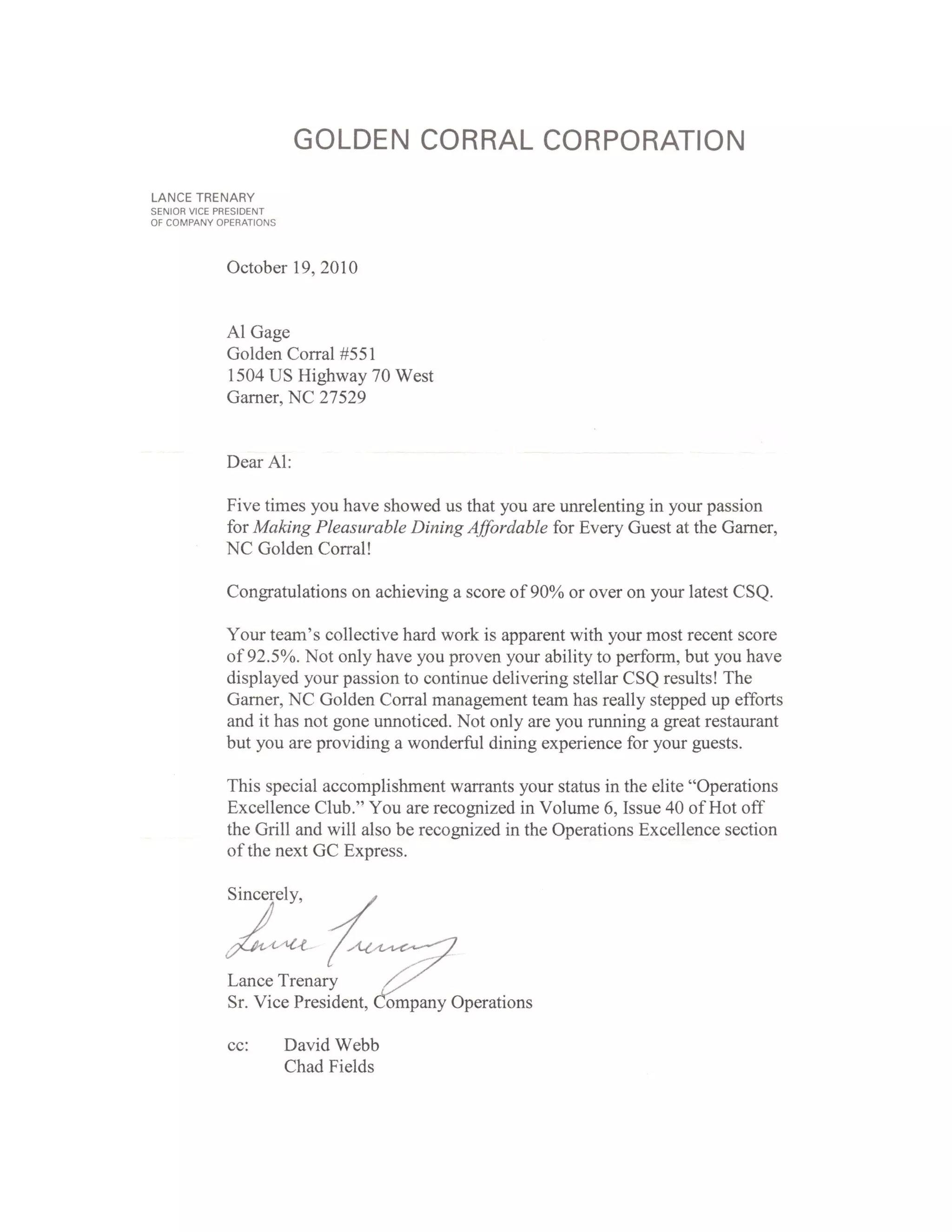 Al Gage Congrats Letter Sr.VP Lance Trenary GC Oct 2010 PDF