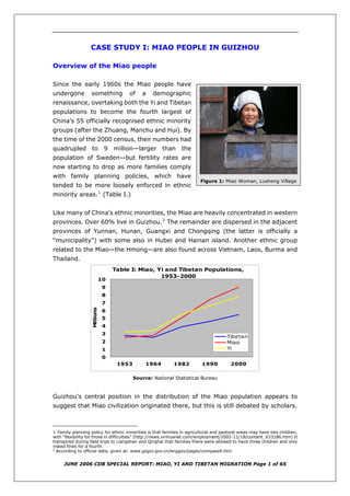 CASE STUDY I: MIAO PEOPLE IN GUIZHOU
Overview of the Miao people
Since the early 1960s the Miao people have
undergone something of a demographic
renaissance, overtaking both the Yi and Tibetan
populations to become the fourth largest of
China’s 55 officially recognised ethnic minority
groups (after the Zhuang, Manchu and Hui). By
the time of the 2000 census, their numbers had
quadrupled to 9 million—larger than the
population of Sweden—but fertility rates are
now starting to drop as more families comply
with family planning policies, which have
tended to be more loosely enforced in ethnic
minority areas.1
(Table I.)
Like many of China’s ethnic minorities, the Miao are heavily concentrated in western
provinces. Over 60% live in Guizhou.2
The remainder are dispersed in the adjacent
provinces of Yunnan, Hunan, Guangxi and Chongqing (the latter is officially a
“municipality”) with some also in Hubei and Hainan island. Another ethnic group
related to the Miao—the Hmong—are also found across Vietnam, Laos, Burma and
Thailand.
Table I: Miao, Yi and Tibetan Populations,
1953-2000
0
1
2
3
4
5
6
7
8
9
10
1953 1964 1982 1990 2000
Millions
Tibetan
Miao
Yi
Source: National Statistical Bureau
Guizhou’s central position in the distribution of the Miao population appears to
suggest that Miao civilization originated there, but this is still debated by scholars.
1 Family planning policy for ethnic minorities is that families in agricultural and pastoral areas may have two children,
with “flexibility for those in difficulties” (http://news.xinhuanet.com/employment/2002-11/18/content_633186.htm) It
transpired during field trips to Liangshan and Qinghai that families there were allowed to have three children and only
risked fines for a fourth.
2
According to official data, given at: www.gzgov.gov.cn/enggov/pages/compass4.htm
JUNE 2006 CDB SPECIAL REPORT: MIAO, YI AND TIBETAN MIGRATION Page 1 of 65
Figure 1: Miao Woman, Lusheng Village
 