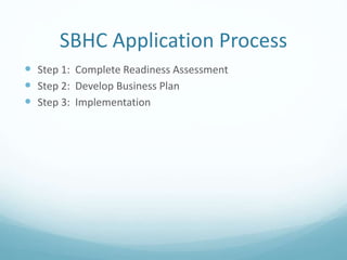 SBHC Application Process
 Step 1: Complete Readiness Assessment
 Step 2: Develop Business Plan
 Step 3: Implementation
 