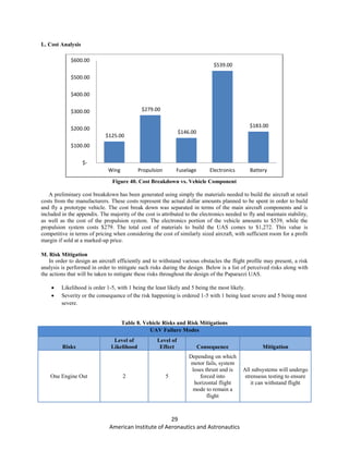 29
American Institute of Aeronautics and Astronautics
L. Cost Analysis
Figure 40. Cost Breakdown vs. Vehicle Component
A preliminary cost breakdown has been generated using simply the materials needed to build the aircraft at retail
costs from the manufacturers. These costs represent the actual dollar amounts planned to be spent in order to build
and fly a prototype vehicle. The cost break down was separated in terms of the main aircraft components and is
included in the appendix. The majority of the cost is attributed to the electronics needed to fly and maintain stability,
as well as the cost of the propulsion system. The electronics portion of the vehicle amounts to $539, while the
propulsion system costs $279. The total cost of materials to build the UAS comes to $1,272. This value is
competitive in terms of pricing when considering the cost of similarly sized aircraft, with sufficient room for a profit
margin if sold at a marked-up price.
M. Risk Mitigation
In order to design an aircraft efficiently and to withstand various obstacles the flight profile may present, a risk
analysis is performed in order to mitigate such risks during the design. Below is a list of perceived risks along with
the actions that will be taken to mitigate these risks throughout the design of the Paparazzi UAS.
 Likelihood is order 1-5, with 1 being the least likely and 5 being the most likely.
 Severity or the consequence of the risk happening is ordered 1-5 with 1 being least severe and 5 being most
severe.
Table 8. Vehicle Risks and Risk Mitigations
UAV Failure Modes
Risks
Level of
Likelihood
Level of
Effect Consequence Mitigation
One Engine Out 2 5
Depending on which
motor fails, system
loses thrust and is
forced into
horizontal flight
mode to remain a
flight
All subsystems will undergo
strenuous testing to ensure
it can withstand flight
$125.00
$279.00
$146.00
$539.00
$183.00
$-
$100.00
$200.00
$300.00
$400.00
$500.00
$600.00
Wing Propulsion Fuselage Electronics Battery
 