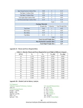 34
American Institute of Aeronautics and Astronautics
Spar Swept Section Carbon Fiber 0.08 2 0.15
Tail Spar 1 Carbon Fiber 0.05 2 0.10
Tail Spar 2 Carbon Fiber 0.20 2 0.40
Tail Upper Spar Carbon Fiber 0.03 2 0.05
Tail Horizontal Spar Carbon Fiber 0.19 1 0.19
Total: 1.44
Fuselage Materials
Weight (lbs) Quantity Total Weight (lbs)
Top Foam 0.02 1 0.02
Box Foam 0.02 1 0.02
Box Balsa 0.19 1 0.19
Top Balsa 0.19 1 0.19
Total 0.41
Total Aircraft Weight (lbs) 4.22
Max Payload for customer (lbs) 1.25
Total Flight Weight (lbs) 5.47
Appendix II—Thrust and Power Required Data
Table 11 - Data for Thrust and Power Required for Level Flight at Different Airspeed
KTAS CL CD Treq (lb) Preq (hp)
18 2.172 0.376 0.952 0.052
21 1.596 0.210 0.724 0.046
24 1.222 0.130 0.583 0.042
27 0.965 0.087 0.494 0.040
30 0.782 0.062 0.438 0.040
33 0.646 0.048 0.404 0.040
36 0.543 0.038 0.386 0.042
40 0.436 0.030 0.380 0.046
41 0.399 0.028 0.383 0.049
44 0.348 0.025 0.393 0.054
47 0.305 0.023 0.410 0.060
Appendix III—Matlab Code for Battery Analysis
%% Paparazzi
%Battery Capacity Preliminary Analysis
clear, clc
%% Conversion Factors
kts2fps = 1.6878;
hp2lbs = 550;
deg2rad = pi/180;
ft2in = 12;
hp2watt = 746;
%% Aircraft Characteristics
W = 5.5; %lbs
b = 40; %inches
cr = 8.5; %inches
ct = 8.5; %inches
S = 340; %inches^2
AR = (b^2)/S;
Ab = 0.785; %Area blades
 