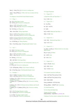 43
American Institute of Aeronautics and Astronautics
Strut_L = Strut_L*in_2_ft; %Convert to working units
Astrut = Strut_D*Strut_L; %THis is the Area in contact with free
stream
%% Paparazzi Aircraft Wind Tunnel Model Geometry
% < < Wing > >
bw = 20; %Wing Span in inches
bw = bw*in_2_ft; %Convert to working units
cbar_w = 4.25; %Wing MAC in inches
cbar_w = cbar_w*in_2_ft; %Convert to working units
Sw = bw*cbar_w; %Wing Area
ARw = (bw^2)/Sw; %Wing Aspect Ratio
Vol_w = 31.29; %Wing Volume in inches cube
Vol_w = Vol_w*(in_2_ft^3); %Convert to working units
X_CG = 2; %CG location from wing LE in inches
X_CG = X_CG*in_2_ft; %Convert to working units
tw = 0.1305*cbar_w; %Wing Thickness
Rew = (Vvec*cbar_w)/nu; %Wing Reynolds Number Vector
% < < Tail > >
bt = 10.63; %Tail Span in inches
bt = bt*in_2_ft; %Convert to working units
cbar_t = 3.25; %Tail MAC in inches
cbar_t = cbar_t*in_2_ft; %Convert to working units
St = bt*cbar_t; %Tail Area
ARt = (bt^2)/St; %Tail Aspect Ratio
lt = 7.5; %Distance from CG to Tail Aerodynamic Center (@ c/4)
in inches
lt = lt*in_2_ft; %Convert to working units
V_H = (lt*St)/(cbar_w*Sw); %Tail Volume Coefficient
Ret = (Vvec*cbar_t)/nu; %Tail Reynolds Number Vector
% < < Fuselage > >
Vol_f = 7.4668; %Fuselage Volume in inches cube
Vol_f = Vol_f*(in_2_ft^3); %Convert to working units
X_balance_CG = 0.94; %X-Distance between Balance and
Aircraft CG in inches
X_balance_CG = X_balance_CG*in_2_ft; %Convert to working
units
Z_balance_CG = 0.50; %Z-Distance between Balance and Aircraft
CG in inches
Z_balance_CG = Z_balance_CG*in_2_ft; %Convert to working
units
D_f = 1.5; %Fuselage Diameter in inches
D_f = D_f*in_2_ft; %Convert to working units
L_f = 6.875; %Fuselage Length in inches
L_f = L_f*in_2_ft; %Convert to working units
%% Figure Parameters
% < < Figure 6.23 > >
% Read from ARw and Taper Ratio = 1
bv_b = 0.86; %Get
% < < Figure 6.29 > >
bv = bv_b*bw;
be = (bw + bv)*0.5;
K = be/B;
be_B = be/B; %Read and Taper Ratio = 1
Delta = 0.146; %Get
% < < Figure 6.52 > >
lt_B = lt/B; %Read and Taper Ratio = 1
Tau2 = 0.35; %Get
% < < Figure 6.13 > >
tw_cbarw = tw/cbar_w; %Read (Airfoil not in the chart,
approximated)
Df_Lf = D_f/L_f; %Read
K1 = 0.997; %Get
K3 = 0.95; %Get
% < < Figure 6.14 > >
b2_B = 2*bw/B; %Read
B_H = B/H; %Read
Tau1 = 0.9125; %Get
%% Constant Correction Coefficients
Esbw = (K1*Tau1*Vol_w)/(Acs^(3/2));
EsbB = (K3*Tau1*Vol_f)/(Acs^(3/2));
Esbt = Esbw+EsbB;
Estrut_windshield = 0.25*(Acs/Ats);
DCmcg_Ddelta = -0.0626*V_H; %Assuming
%% Wind Tunnel Test
%% No Wind with Model Data
%import .dat file to matlab
[Data,SizeData] = importfile('no_wind.dat', 2);
%Substract First Row which to substract Zero offset error
 