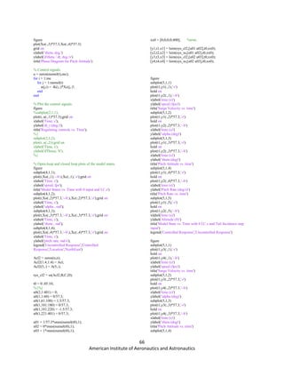 66
American Institute of Aeronautics and Astronautics
figure
plot(Xo(:,3)*57.3,Xo(:,4)*57.3)
grid on
xlabel('theta, deg.')
ylabel('dtheta / dt, deg./s')
title('Phase Diagram for Pitch Attitude')
% Control signals.
u = zeros(numel(t),mc);
for i = 1:mc
for j = 1:numel(t)
u(j,i) = -K(i,:)*Xc(j,:)';
end
end
% Plot the control signals.
figure
%subplot(2,1,1);
plot(t, u(:,1)*57.3);grid on
xlabel('Time, s');
ylabel('di_t (deg.)');
title('Regulating controls vs. Time');
%{
subplot(2,1,2);
plot(t, u(:,2));grid on
xlabel('Time, s');
ylabel('dThrust, N');
%}
% Open-loop and closed loop plots of the model states.
figure
subplot(4,1,1);
plot(t,Xo(:,1),'--b',t,Xc(:,1),'-r');grid on
xlabel('Time, s');
ylabel('speed, fps');
title('Model States vs. Time with 0 input and I.C.s')
subplot(4,1,2);
plot(t,Xo(:,2)*57.3,'--b',t,Xc(:,2)*57.3,'-r');grid on
xlabel('Time, s');
ylabel('alpha , rad');
subplot(4,1,3);
plot(t,Xo(:,3)*57.3,'--b',t,Xc(:,3)*57.3,'-r');grid on
xlabel('Time, s');
ylabel('theta , rad');
subplot(4,1,4);
plot(t,Xo(:,4)*57.3,'--b',t,Xc(:,4)*57.3,'-r');grid on
xlabel('Time, s');
ylabel('pitch rate, rad/s');
legend('Uncontrolled Response','Controlled
Response','Location','NorthEast')
Acl2 = zeros(n,n);
Acl2(1:4,1:4) = Acl;
Acl2(5,:) = A(5,:);
sys_cl2 = ss(Acl2,B,C,D);
t0 = 0:.05:10;
%{%}
u0(2,1:401) = 0;
u0(1,1:60) = 0/57.3;
u0(1,61:100) = 1.5/57.3;
u0(1,101:180) = 0/57.3;
u0(1,181:220) = -1.5/57.3;
u0(1,221:401) = 0/57.3;
u01 = 1/57.3*ones(numel(t0),1);
u02 = 0*ones(numel(t0),1);
u03 = 1*ones(numel(t0),1);
xx0 = [0;0;0;0;400]; %trim
[y1,t1,x1] = lsim(sys_cl2,[u01 u02],t0,xx0);
[y2,t2,x2] = lsim(sys_ss,[u01 u02],t0,xx0);
[y3,t3,x3] = lsim(sys_cl2,[u02 u03],t0,xx0);
[y4,t4,x4] = lsim(sys_ss,[u02 u03],t0,xx0);
figure
subplot(5,1,1)
plot(t1,y1(:,1),'-r')
hold on
plot(t1,y2(:,1),'--b')
xlabel('time (s)')
ylabel('speed (fps)')
title('Surge Velocity vs. time')
subplot(5,1,2)
plot(t1,y1(:,2)*57.3,'-r')
hold on
plot(t1,y2(:,2)*57.3,'--b')
xlabel('time (s)')
ylabel('alpha (deg)')
subplot(5,1,3)
plot(t1,y1(:,3)*57.3,'-r')
hold on
plot(t1,y2(:,3)*57.3,'--b')
xlabel('time (s)')
ylabel('theta (deg)')
title('Pitch Attitude vs. time')
subplot(5,1,4)
plot(t1,y1(:,4)*57.3,'-r')
hold on
plot(t1,y2(:,4)*57.3,'--b')
xlabel('time (s)')
ylabel('Pitch Rate (deg/s)')
title('Pitch Rate vs. time')
subplot(5,1,5)
plot(t1,y1(:,5),'-r')
hold on
plot(t1,y2(:,5),'--b')
xlabel('time (s)')
ylabel('Altitude (ft)')
title('Model State vs. Time with 0 I.C.s and Tail Incidence step
input')
legend('Controlled Response','Uncontrolled Response')
figure
subplot(5,1,1)
plot(t1,y3(:,1),'-r')
hold on
plot(t1,y4(:,1),'--b')
xlabel('time (s)')
ylabel('speed (fps)')
title('Surge Velocity vs. time')
subplot(5,1,2)
plot(t1,y3(:,2)*57.3,'-r')
hold on
plot(t1,y4(:,2)*57.3,'--b')
xlabel('time (s)')
ylabel('alpha (deg)')
subplot(5,1,3)
plot(t1,y3(:,3)*57.3,'-r')
hold on
plot(t1,y4(:,3)*57.3,'--b')
xlabel('time (s)')
ylabel('theta (deg)')
title('Pitch Attitude vs. time')
subplot(5,1,4)
 