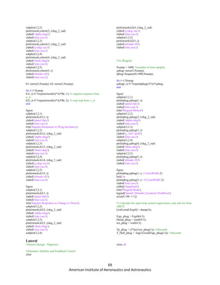 69
American Institute of Aeronautics and Astronautics
subplot(3,2,2)
plot(timesh,yshort(2,:)/deg_2_rad)
ylabel('alpha (deg)')
xlabel('time (sec)')
subplot(3,2,3)
plot(timesh,yshort(3,:)/deg_2_rad)
ylabel('q (deg./sec)')
xlabel('time (sec)')
subplot(3,2,4)
plot(timesh,yshort(4,:)/deg_2_rad)
ylabel('theta (deg)')
xlabel('time (sec)')
subplot(3,2,5)
plot(timesh,yshort(5,:))
ylabel('altitude (ft)')
xlabel('time (sec)')
h1=zeros(5,Nsamp); h2=zeros(5,Nsamp);
for i=1:Nsamp,
h1(:,i)=C*expm(timesh(i)*A)*B(:,1); % impulse response from
u_w
h2(:,i)=C*expm(timesh(i)*A)*B(:,2); % imp resp from v_w
end
figure
subplot(3,2,1)
plot(timesh,h1(1,:))
ylabel('speed (fps)')
xlabel('time (sec)')
title('Impulse Responses to Wing Incidence')
subplot(3,2,2)
plot(timesh,h1(2,:)/deg_2_rad)
ylabel('alpha (deg)')
xlabel('time (sec)')
subplot(3,2,3)
plot(timesh,h1(3,:)/deg_2_rad)
ylabel('theta (deg)')
xlabel('time (sec)')
subplot(3,2,4)
plot(timesh,h1(4,:)/deg_2_rad)
ylabel('q (deg./sec)')
xlabel('time (sec)')
subplot(3,2,5)
plot(timesh,h1(5,:))
ylabel('altitude (ft)')
xlabel('time (sec)')
figure
subplot(3,2,1)
plot(timesh,h2(1,:))
ylabel('speed (fps)')
xlabel('time (sec)')
title('Impulse Responses to Change in Thrust')
subplot(3,2,2)
plot(timesh,h2(2,:)/deg_2_rad)
ylabel('alpha (deg)')
xlabel('time (sec)')
subplot(3,2,3)
plot(timesh,h2(3,:)/deg_2_rad)
ylabel('theta (deg)')
xlabel('time (sec)')
subplot(3,2,4)
plot(timesh,h2(4,:)/deg_2_rad)
ylabel('q (deg./sec)')
xlabel('time (sec)')
subplot(3,2,5)
plot(timesh,h2(5,:))
ylabel('altitude (ft)')
xlabel('time (sec)')
%% Phugoid
Nsamp = 1000; %number of time samples
yphug=zeros(5,Nsamp);
tphug=linspace(0,1000,Nsamp);
for i=1:Nsamp
yphug(:,i)=C*expm(tphug(i)*A)*xphug;
end
figure
subplot(3,2,1)
plot(tphug,yphug(1,:))
ylabel('speed (fps)')
xlabel('time (sec)')
title('Phugoid Motion')
subplot(3,2,2)
plot(tphug,yphug(2,:)/deg_2_rad)
ylabel('alpha (deg)')
xlabel('time (sec)')
subplot(3,2,3)
plot(tphug,yphug(3,:))
ylabel('q_{inf} (psf)')
xlabel('time (sec)')
subplot(3,2,4)
plot(tphug,yphug(4,:)/deg_2_rad)
ylabel('theta (deg)')
xlabel('time (sec)')
subplot(3,2,5)
plot(tphug,yphug(5,:))
ylabel('altitude (ft)')
xlabel('time (sec)')
figure
plot(tphug,yphug(1,:),'-r','LineWidth',2)
hold on
plot(tphug,yphug(5,:),'--b','LineWidth',2)
xlabel('time (sec)')
ylabel('Amplitude')
title('Phugoid Mode')
legend('Speed','Altitude','Location','NorthEast')
axis([0 100 -1 1])
% Calculate the open-loop system eigenvalues, zeta and wn from
ABCD
[wn0,zeta0,Eigs0] = damp(A);
Eigs_phug = Eigs0(4:5);
Damp_phug = zeta0(4:5);
wn_phug = wn0(4:5);
Tp_phug = (2*pi)/(wn_phug(1)); %Seconds
T_Half_phug = -log(2)/(real(Eigs_phug(1))); %Seconds
Lateral
%Senior Design - Paparazzi
%Dynamic Stability and Feedback Control
clear
close all
 