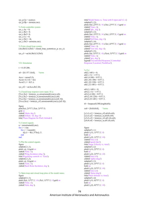 74
American Institute of Aeronautics and Astronautics
sys_p.Cp = eye(nc);
sys_p.Dp = zeros(nc,mc);
% Form controller system.
sys_c.Ac = 0;
sys_c.Bc1= 0;
sys_c.Bc2= 0;
sys_c.Cc = 0;
sys_c.Dc1= -K;
sys_c.Dc2= zeros(mc,mc);
% Form closed loop system.
[Acl,Bcl,Ccl,Dcl] = closed_loop_system(sys_p, sys_c);
sys_cl = ss(Acl,Bcl,Ccl,Dcl);
%% Simulation
t = 0:.05:200;
x0 = [0;1/57.3;0;0]; %trim
Accs = zeros(5,5);
Accs(1:4,1:4) = Acl;
Accs(5,:) = A(5,:);
sys_cl2 = ss(Accs,B,C,D);
% Closed-loop response (zero input, ICs).
[Yo,t,Xo] = lsim(sys_cc,zeros(numel(t),mc),t,x0);
[Yc,t,Xc] = lsim(sys_cl,zeros(numel(t),mc),t,x0);
[Ys,t,Xs] = lsim(sys_ss,zeros(numel(t),mc),t,[x0; 0]);
[Ycs,t,Xcs] = lsim(sys_cl2,zeros(numel(t),mc),t,[x0; 0]);
figure
plot(Xo(:,2)*57.3,Xo(:,3)*57.3)
grid on
xlabel('theta, deg.')
ylabel('dtheta / dt, deg./s')
title('Phase Diagram for Pitch Attitude')
% Control signals.
u = zeros(numel(t),mc);
for i = 1:mc
for j = 1:numel(t)
u(j,i) = -K(i,:)*Xc(j,:)';
end
end
% Plot the control signals.
figure
subplot(2,1,1);
plot(t, u(:,1));grid on
xlabel('Time, s');
ylabel('Wing Incidence (deg.)');
title('Regulating controls vs. Time');
subplot(2,1,2);
plot(t, u(:,2));grid on
xlabel('Time, s');
ylabel('Back Rotor Incidence, deg.');
% Open-loop and closed loop plots of the model states.
figure
subplot(5,1,1);
plot(t,Xo(:,1)*57.3,'--b',t,Xc(:,1)*57.3,'-r');grid on
xlabel('Time, s');
ylabel('beta, deg.');
title('Model States vs. Time with 0 input and I.C.s')
subplot(5,1,2);
plot(t,Xo(:,2)*57.3,'--b',t,Xc(:,2)*57.3,'-r');grid on
xlabel('Time, s');
ylabel('phi , deg.');
subplot(5,1,3);
plot(t,Xo(:,3)*57.3,'--b',t,Xc(:,3)*57.3,'-r');grid on
xlabel('Time, s');
ylabel('Roll Rate, deg./s');
subplot(5,1,4);
plot(t,Xo(:,4)*57.3,'--b',t,Xc(:,4)*57.3,'-r');grid on
xlabel('Time, s');
ylabel('Yaw rate, deg./s');
subplot(5,1,5);
plot(t,Xs(:,5)*57.3,'--b',t,Xcs(:,5)*57.3,'-r');grid on
xlabel('Time, s');
ylabel('psy, deg.');
legend('Uncontrolled Response','Controlled
Response','Location','NorthEast')
%{%}
u0(2,1:401) = 0;
u0(1,1:3) = 1/57.3;
u0(1,4:100) = 0/57.3;
u0(1,101:180) = 0/57.3;
u0(1,181:220) = 0/57.3;
u0(1,221:401) = 0/57.3;
u01(1,1:401) = 0;
u01(2,1:3) = 1/57.3;
u01(2,4:180) = 0/57.3;
u01(2,181:220) = 0/57.3;
u01(2,221:401) = 0/57.3;
t0 = linspace(0,300,length(u0));
xx0 = [0;0;0;0;0]; %trim
[y1,t1,x1] = lsim(sys_cl2,u0,t0,xx0);
[y2,t2,x2] = lsim(sys_ss,u0,t0,xx0);
[y3,t3,x3] = lsim(sys_cl2,u01,t0,xx0);
[y4,t4,x4] = lsim(sys_ss,u01,t0,xx0);
figure
subplot(5,1,1)
plot(t1,y1(:,1)*57.3,'-r')
hold on
plot(t1,y2(:,1)*57.3,'--b')
xlabel('time (s)')
ylabel('speed (fps)')
title('Surge Velocity vs. time')
subplot(5,1,2)
plot(t1,y1(:,2)*57.3,'-r')
hold on
plot(t1,y2(:,2)*57.3,'--b')
xlabel('time (s)')
ylabel('alpha (deg)')
subplot(5,1,3)
plot(t1,y1(:,3)*57.3,'-r')
hold on
plot(t1,y2(:,3)*57.3,'--b')
xlabel('time (s)')
ylabel('theta (deg)')
title('Pitch Attitude vs. time')
subplot(5,1,4)
plot(t1,y1(:,4)*57.3,'-r')
hold on
plot(t1,y2(:,4)*57.3,'--b')
 