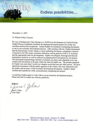 CLEARSPRINGS Letter of Rec. for S. Pierson