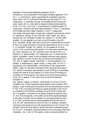 Operation of Wave-Signal Modifying Apparatus of Fig 1.
Considering now the operation of the signal-modifying apparatus 15 of
Fig 1, a chrominance signal, specifically the modulated subcarrier
wave signal and its side bands extending over the range of 2 1-4 1
megacycles, is translated through the amplifier 26 Such subcarrier
wave signal with its side bands is diagrammatically represented by
Curve A of Fig 2 and has a mean frequency of approximately 3 6
megacycles, a double side-band region between 3 1 and 4 1 megacycles,
and a single side-band region between 2 1 and 3 1 megacycles.
The double side-band region includes the modulation components I and Q
at quadrature phases of the subcarrier wave signal and these
components are translated through the network 27 and the buffer
amplifier 28 and applied to an input circuit of the adder circuit 29
Such translated double side-band component is represented by Curve B
of Fig 2 The single side-band component, represented by Curve C of Fig
2, is translated through the network 30 and applied to an input
circuit of the synchronous demodulator 31 A sine-wave signal having
the same frequency as the subcarrier wave 65 signal, that is, a
frequency of approximately 3.6 megacycles and in phase with the
Isignal modulation phase of the modulated subcarrier wave signal is
also applied to an input circuit of the synchronous demodulator 70 31
The pair of applied signals heterodyne in the demodulator 31 to
develop a beatfrequency signal having a band width of 0.5-1 5
megacycles and representative of that portion of the I signal which
effects single 75 side-band modulation of the subcarrier wave signal
The derived component, represented by Curve D Qf Fig 2, is translated
through the network 32 and applied to an input circuit of the balanced
modulator 33 The 80 signal in the output circuit of the phasemodifying
circuit 39 is applied to the other input circuit of the balanced
modulator 33.
The derived I-signal component, represented by Curve D of Fig 2,
modulates the 3 6 85 megacycle signal applied to the modulator 33 to
develop a pair of side-band components such as represented by Curve E
of Fig 2 The 3 6 megacycle reference signal modulated in the unit 33
is controlled by 90 the phase-modifying circuit 39 to be in phase with
the I-modulation component of the signal translated through the units
27 and 28 Consequently, in the adder circuit 29 the signal developed
in the output circuit 95 of the modulator 33, and represented by Curve
E of Fig 2, combines with the signal translated through the units 27
and 28, and represented by Curve B of Fig 2, to develop a resultant
subcarrier wave signal such as 100 represented by Curve F of Fig 2 The
resultant subcarrier wave signal is double side-band modulated by both
the Q and I modulation components Because of such double side-band
modulation, the I and Q 105 signals, or any components defined by
 