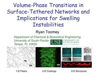 Volume-Phase Transitions in
Surface-Tethered Networks and
Implications for Swelling
Instabilities
Ryan Toomey
Department of Chemical & Biomedical Engineering
University of South Florida
Tampa, FL 33620
1-D Fibers 2-D Coatings 3-D Structures
5 μm 5 μm
 