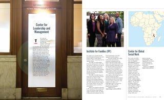 he Center for
Leadership and
Management hosted
their first fall
semester “Lunch and
Learn Lecture Series”
on November 4th. The Lunch and
Learn Lecture Series was created to
provide Management and Policy
(MAP) concentration students and
guests with a great opportunity to
meet leaders and managers in the
public, non-profit, and private sector.
This is a chance for future agency
leaders to explore the minds and
journeys of the guest lecturers. The
students gain insight about manage-
ment, leadership, and policy. Serena
Rice, executive director of Anti-
Poverty Network of New Jersey, was
the chosen guest for the first lecture
in the series. Rice discussed her
career and her goals in order to
create a network of diverse non-
profit and government agencies in
New Jersey. The MAP students were
inspired by this dream and were
enthusiastic about the series.
NEWS FROM OUR CENTERS
PARTNERING CHANGEfor
R U T G E R S S C H O O L O F S O C I A L W O R K / PA R T N E R I N G f o r C H A N G E 1716 R U T G E R S S C H O O L O F S O C I A L W O R K / PA R T N E R I N G f o r C H A N G E
As a result of our strategic growth
and development this past year, IFF’s
current Office of Child Welfare
Initiatives will be expanding into two
separate offices:
The Office of Child Welfare
Workforce Advancement, led by Tess
McCutcheon, will house our suite of
training, consultation and profes-
sional development programs for
child-serving professionals including
our vast New Jersey Child Welfare
Training Partnership and Adoption
Training Program.
The Office of Youth Empower-
ment, led by Maureen Braun Scalera,
will house our suite of youth
advocacy and coaching programs,
including our Transitions for Youth
and Youth Advisory Board Programs,
Price Family Fellows, and our First
Star Academy project currently in
development.
Other new programs underway
at IFF include the DCF Coordination
Center for Forensic Child Abuse &
Neglect Evaluation under our Office
of Research and Evaluation, the DCF
Data Portal Project, and other
expanded research projects.
This past October, IFF’s Office
of Research and Evaluation
presented its findings from the
Sandy Child and Family Health
Study at the Superstorm Sandy DCF
Shared Learning Collaborative event.
IFF Staff also held focus groups for
over 100 invitees including DCF
leadership, service providers, ACF
representatives, and the Governor’s
Office of Recovery and Rebuilding.
Lastly, IFF has expanded its
office space at 390 George Street for
research faculty and staff in
downtown New Brunswick, added a
tech production floor to our NJCSI
Central location in Princeton, and
acquired new offices at 33
Washington Street in Newark for
staff in the Office of Youth
Empowerment programs.
Support IFF at
supportrutgers.edu/SocialWork
PHOTOGRAPHBYPETERBYRON
The Center for Global
Social Work, in partner-
ship with Maestral
International, received a
grant from UNICEF to
develop a 2-year diploma
program and a 1-year
certificate program in
social work for Malawi’s
Ministry of Gender,
Children and Social
Welfare (MGCSW). The
aim is to address the gap
in capacity to deliver
quality services to the
nearly 1 million children
impacted by HIV/AIDS in
Malawi. The principal
investigator, Rebecca
Davis, will work directly
with Magomero College, a
training college for the
MGCSW, to identify
needed competencies,
build the curriculum, and
design online and
distance learning
methodologies, while
engaging the Association
of Social Workers in
Malawi and other key
stakeholders.
Support us at support-
rutgers.edu/socialwork
Center for Global
Social Work
Institute for Families (IFF)
T
Center for
Leadership and
Management
 