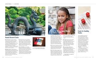 18 R U T G E R S S C H O O L O F S O C I A L W O R K / PA R T N E R I N G f o r C H A N G E R U T G E R S S C H O O L O F S O C I A L W O R K / PA R T N E R I N G f o r C H A N G E 19
NEWS FROM OUR CENTERS
In September, VAWC delivered to the
White House Task Force to Protect
Students from Sexual Assault and to the
U.S. Department of Justice’s Office on
Violence Against Women a comprehen-
sive campus climate assessment model to
address campus sexual violence. Dr.
Sarah McMahon and her research team
also provided valuable data to help
Rutgers University develop a strategic
action plan to tackle this difficult issue.
n The New Jersey Department of Children
and Families contracted with VAWC to
conduct an exploratory study to identify
best practices for serving domestically
trafficked adolescents in New Jersey.
n The VAWC-Certificate Program is in its
eighth year of educating MSW students in
the field of violence against women and
children. Our program was the first in the
country to launch for social workers. This
year we welcomed 57 students from the
management, policy and clinical concen-
trations. We are thrilled to be working with
over 50 agencies across the region
committed to addressing interpersonal
violence.
n Throughout the 2015-2016 academic
year, VAWC will be partnering with
various Rutgers departments to host four
Speaker Series’ events on each of the
Rutgers campuses. This year’s topics
include unaccompanied child migrants
and the role of a dentist in addressing
violence against women.
n We are entering our fifth year of
providing training for Department of
Children and Family employees. Each year,
50 employees are selected through a
competitive process to enter into our
Violence Against Women Foundation Level
training. To date, 172 employees have
successfully graduated from the program.
To support VAWC, visit support.rut-
gers.edu/SocialWork
CGS has established research and
policy making partnerships with
leaders internationally. In addition,
CGS is regularly invited to work with
community organizations, treatment
providers, governmental entities, and
representatives of the gambling
industry. It is our policy to work with
all stakeholders who are committed
to promoting responsible gambling
behaviors and minimizing adverse
impacts of problem gambling. Please
contact us with collaboration
opportunities at gambling@ssw.
rutgers.edu.
Treatment for gambling addiction
comes through the New Jersey
Council on Compulsive Gambling.
Call 1-800-Gambler for a referral or
visitwww.800gambler.org or call the
helpline at 800.426.2537 n
Center for Gambling
Studies
n ON MAY 31ST, the Huamin Research
Center co-hosted a conference on Capital,
Philanthropy, and Sharing at Tsinghua
University, Beijing, China. At the conference,
U.S. and Chinese nonprofit leaders,
researchers, and philanthropists discussed the
development of the nonprofit sector and
modern philanthropy from a global
perspective. The chairman of Huamin Charity
Foundation, Dr. Dezhi Lu, gave the keynote
speech on capital and sharing.
n DURING MAY 21ST – JUNE 17TH, the
Huamin Research Center hosted the 5th China
Study Abroad program with the Rutgers GAIA
Center. The program was composed of 18
students and three faculty members from the
School of Social Work, and introduced
participants to China’s social welfare system
and social work practice.
n Huamin Research Center and Rutgers
China Office co-hosted a Rutgers China
Bridge Program in Social Work and Public
Policy in August. More than 20 students from
China and Taiwan attended this 3-week
program that included lectures and work-
shops on social work and public policy, and
experienced American culture.
n ON NOVEMBER 1-3, the Huamin
Research Center hosted the Conference on
Philanthropy and Social Development in
China in the Pocantico Center of Rockefeller
Brothers Fund, New York. Thirty-five
participants from the United States, China,
Hong Kong, and Taiwan discussed issues on
wealthy, grassroots, and international philan-
thropy and social development in China.
To support the Huamin Research Center,
please visit supportrutgers.edu/SocialWork
Huamin Research Center
Center for Violence Against Women
and Children (VAWC)
 