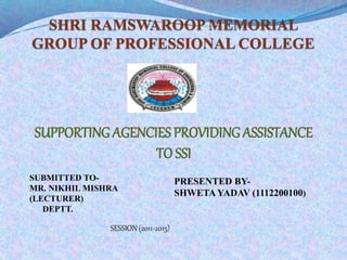 SUPPORTING AGENCIES PROVIDING ASSISTANCE 
TO SSI 
PRESENTED BY-SHWETA 
YADAV (1112200100) 
SUBMITTED TO-MR. 
NIKHIL MISHRA 
(LECTURER) 
DEPTT. 
SESSION (2011-2015) 
 
