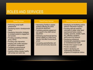 ROLES AND SERVICES
Student Services
• Performing mental health
assessments
• Developing social or developmental
history
• Developing intervention strategies
to increase academic engagement
and success
• Providing counseling (individual,
group, family)
• Providing crisis intervention
• Assisting with conflict resolution
and behavior management
• Facilitating social-emotional
learning and development
• Assisting children develop healthy
self-concept and world view
Parent/Family Services
• Interviewing Families to assess
problems affecting the child's
educational adjustment
• Facilitating parental engagement
and support in the child's school
adjustment
• Addressing psychosocial learning
barriers related to a child's living
situation that affect functioning at
school
• Connecting parents/families with
school and community resources
School Personnel Services
• Developing and facilitating postive
behavior intervention supports
• Providing staff with essential
information to better under stand
psychosocial factors (culture,
societal, economic, familial, health,
etc.) affecting a student's
performance and behavior
• Developing professional
development presentations related
to mental/behavioral health
• Provide direct support to staff
• Provide consultation
• Assist in developing and
implementing educational
programs for exceptional children
 