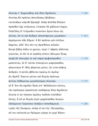 Ἐπιμέλεια κειμένου Ἰωάννης Καραδημητρόπουλος σελίς 10 ἐκ 68
Αἰνείας τ’ Ἀγχισιάδης καὶ δῖος Ἀχιλλεύς. Υ 160
Αἰνείας δὲ πρῶτος ἀπειλήσας ἐβεβήκει
νευστάζων κόρυθι βριαρῇ· ἀτὰρ ἀσπίδα θοῦριν
πρόσθεν ἔχε στέρνοιο, τίνασσε δὲ χάλκεον ἔγχος.
Πηλεΐδης δ’ ἑτέρωθεν ἐναντίον ὦρτο λέων ὣς
σίντης, ὅν τε καὶ ἄνδρες ἀποκτάμεναι μεμάασιν Υ 165
ἀγρόμενοι πᾶς δῆμος· ὃ δὲ πρῶτον μὲν ἀτίζων
ἔρχεται, ἀλλ’ ὅτε κέν τις ἀρηϊθόων αἰζηῶν
δουρὶ βάλῃ ἐάλη τε χανών, περί τ’ ἀφρὸς ὀδόντας
γίγνεται, ἐν δέ τέ οἱ κραδίῃ στένει ἄλκιμον ἦτορ,
οὐρῇ δὲ πλευράς τε καὶ ἰσχία ἀμφοτέρωθεν Υ 170
μαστίεται, ἑὲ δ’ αὐτὸν ἐποτρύνει μαχέσασθαι,
γλαυκιόων δ’ ἰθὺς φέρεται μένει, ἤν τινα πέφνῃ
ἀνδρῶν, ἢ αὐτὸς φθίεται πρώτῳ ἐν ὁμίλῳ·
ὣς Ἀχιλῆ’ ὄτρυνε μένος καὶ θυμὸς ἀγήνωρ
ἀντίον ἐλθέμεναι μεγαλήτορος Αἰνείαο. Υ 175
οἳ δ’ ὅτε δὴ σχεδὸν ἦσαν ἐπ’ ἀλλήλοισιν ἰόντες,
τὸν πρότερος προσέειπε ποδάρκης δῖος Ἀχιλλεύς·
Αἰνεία τί σὺ τόσσον ὁμίλου πολλὸν ἐπελθὼν
ἔστης; ἦ σέ γε θυμὸς ἐμοὶ μαχέσασθαι ἀνώγει
ἐλπόμενον Τρώεσσιν ἀνάξειν ἱπποδάμοισι Υ 180
τιμῆς τῆς Πριάμου; ἀτὰρ εἴ κεν ἔμ’ ἐξεναρίξῃς,
οὔ τοι τοὔνεκά γε Πρίαμος γέρας ἐν χερὶ θήσει·
 