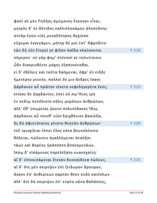 Ἐπιμέλεια κειμένου Ἰωάννης Καραδημητρόπουλος σελίς 12 ἐκ 68
φασὶ σὲ μὲν Πηλῆος ἀμύμονος ἔκγονον εἶναι,
μητρὸς δ’ ἐκ Θέτιδος καλλιπλοκάμου ἁλοσύδνης·
αὐτὰρ ἐγὼν υἱὸς μεγαλήτορος Ἀγχίσαο
εὔχομαι ἐκγεγάμεν, μήτηρ δέ μοί ἐστ’ Ἀφροδίτη·
τῶν δὴ νῦν ἕτεροί γε φίλον παῖδα κλαύσονται Υ 210
σήμερον· οὐ γάρ φημ’ ἐπέεσσί γε νηπυτίοισιν
ὧδε διακρινθέντε μάχης ἐξαπονέεσθαι.
εἰ δ’ ἐθέλεις καὶ ταῦτα δαήμεναι, ὄφρ’ ἐῢ εἰδῇς
ἡμετέρην γενεήν, πολλοὶ δέ μιν ἄνδρες ἴσασι·
Δάρδανον αὖ πρῶτον τέκετο νεφεληγερέτα Ζεύς, Υ 215
κτίσσε δὲ Δαρδανίην, ἐπεὶ οὔ πω Ἴλιος ἱρὴ
ἐν πεδίῳ πεπόλιστο πόλις μερόπων ἀνθρώπων,
ἀλλ’ ἔθ’ ὑπωρείας ᾤκεον πολυπίδακος Ἴδης.
Δάρδανος αὖ τέκεθ’ υἱὸν Ἐριχθόνιον βασιλῆα,
ὃς δὴ ἀφνειότατος γένετο θνητῶν ἀνθρώπων· Υ 220
τοῦ τρισχίλιαι ἵπποι ἕλος κάτα βουκολέοντο
θήλειαι, πώλοισιν ἀγαλλόμεναι ἀταλῇσι.
τάων καὶ Βορέης ἠράσσατο βοσκομενάων,
ἵππῳ δ’ εἰσάμενος παρελέξατο κυανοχαίτῃ·
αἳ δ’ ὑποκυσάμεναι ἔτεκον δυοκαίδεκα πώλους. Υ 225
αἳ δ’ ὅτε μὲν σκιρτῷεν ἐπὶ ζείδωρον ἄρουραν,
ἄκρον ἐπ’ ἀνθερίκων καρπὸν θέον οὐδὲ κατέκλων·
ἀλλ’ ὅτε δὴ σκιρτῷεν ἐπ’ εὐρέα νῶτα θαλάσσης,
 