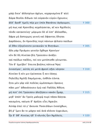 Ἐπιμέλεια κειμένου Ἰωάννης Καραδημητρόπουλος σελίς 16 ἐκ 68
μὰψ ἕνεκ’ ἀλλοτρίων ἀχέων, κεχαρισμένα δ’ αἰεὶ
δῶρα θεοῖσι δίδωσι τοὶ οὐρανὸν εὐρὺν ἔχουσιν;
ἀλλ’ ἄγεθ’ ἡμεῖς πέρ μιν ὑπὲκ θανάτου ἀγάγωμεν, Υ 300
μή πως καὶ Κρονίδης κεχολώσεται, αἴ κεν Ἀχιλλεὺς
τόνδε κατακτείνῃ· μόριμον δέ οἵ ἐστ’ ἀλέασθαι,
ὄφρα μὴ ἄσπερμος γενεὴ καὶ ἄφαντος ὄληται
Δαρδάνου, ὃν Κρονίδης περὶ πάντων φίλατο παίδων
οἳ ἕθεν ἐξεγένοντο γυναικῶν τε θνητάων. Υ 305
ἤδη γὰρ Πριάμου γενεὴν ἔχθηρε Κρονίων·
νῦν δὲ δὴ Αἰνείαο βίη Τρώεσσιν ἀνάξει
καὶ παίδων παῖδες, τοί κεν μετόπισθε γένωνται.
Τὸν δ’ ἠμείβετ’ ἔπειτα βοῶπις πότνια Ἥρη·
ἐννοσίγαι’, αὐτὸς σὺ μετὰ φρεσὶ σῇσι νόησον Υ 310
Αἰνείαν ἤ κέν μιν ἐρύσσεαι ἦ κεν ἐάσῃς
Πηλεΐδῃ Ἀχιλῆϊ δαμήμεναι, ἐσθλὸν ἐόντα.
ἤτοι μὲν γὰρ νῶϊ πολέας ὠμόσσαμεν ὅρκους
πᾶσι μετ’ ἀθανάτοισιν ἐγὼ καὶ Παλλὰς Ἀθήνη
μή ποτ’ ἐπὶ Τρώεσσιν ἀλεξήσειν κακὸν ἦμαρ, Υ 315
μηδ’ ὁπότ’ ἂν Τροίη μαλερῷ πυρὶ πᾶσα δάηται
καιομένη, καίωσι δ’ ἀρήϊοι υἷες Ἀχαιῶν.
Αὐτὰρ ἐπεὶ τό γ’ ἄκουσε Ποσειδάων ἐνοσίχθων,
βῆ ῥ’ ἴμεν ἄν τε μάχην καὶ ἀνὰ κλόνον ἐγχειάων,
ἷξε δ’ ὅθ’ Αἰνείας ἠδ’ ὃ κλυτὸς ἦεν Ἀχιλλεύς. Υ 320
 