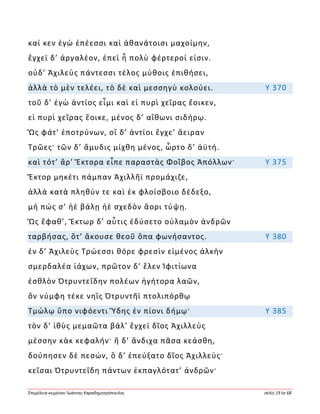 Ἐπιμέλεια κειμένου Ἰωάννης Καραδημητρόπουλος σελίς 19 ἐκ 68
καί κεν ἐγὼ ἐπέεσσι καὶ ἀθανάτοισι μαχοίμην,
ἔγχεϊ δ’ ἀργαλέον, ἐπεὶ ἦ πολὺ φέρτεροί εἰσιν.
οὐδ’ Ἀχιλεὺς πάντεσσι τέλος μύθοις ἐπιθήσει,
ἀλλὰ τὸ μὲν τελέει, τὸ δὲ καὶ μεσσηγὺ κολούει. Υ 370
τοῦ δ’ ἐγὼ ἀντίος εἶμι καὶ εἰ πυρὶ χεῖρας ἔοικεν,
εἰ πυρὶ χεῖρας ἔοικε, μένος δ’ αἴθωνι σιδήρῳ.
Ὣς φάτ’ ἐποτρύνων, οἳ δ’ ἀντίοι ἔγχε’ ἄειραν
Τρῶες· τῶν δ’ ἄμυδις μίχθη μένος, ὦρτο δ’ ἀϋτή.
καὶ τότ’ ἄρ’ Ἕκτορα εἶπε παραστὰς Φοῖβος Ἀπόλλων· Υ 375
Ἕκτορ μηκέτι πάμπαν Ἀχιλλῆϊ προμάχιζε,
ἀλλὰ κατὰ πληθύν τε καὶ ἐκ φλοίσβοιο δέδεξο,
μή πώς σ’ ἠὲ βάλῃ ἠὲ σχεδὸν ἄορι τύψῃ.
Ὣς ἔφαθ’, Ἕκτωρ δ’ αὖτις ἐδύσετο οὐλαμὸν ἀνδρῶν
ταρβήσας, ὅτ’ ἄκουσε θεοῦ ὄπα φωνήσαντος. Υ 380
ἐν δ’ Ἀχιλεὺς Τρώεσσι θόρε φρεσὶν εἱμένος ἀλκὴν
σμερδαλέα ἰάχων, πρῶτον δ’ ἕλεν Ἰφιτίωνα
ἐσθλὸν Ὀτρυντεΐδην πολέων ἡγήτορα λαῶν,
ὃν νύμφη τέκε νηῒς Ὀτρυντῆϊ πτολιπόρθῳ
Τμώλῳ ὕπο νιφόεντι Ὕδης ἐν πίονι δήμῳ· Υ 385
τὸν δ’ ἰθὺς μεμαῶτα βάλ’ ἔγχεϊ δῖος Ἀχιλλεὺς
μέσσην κὰκ κεφαλήν· ἣ δ’ ἄνδιχα πᾶσα κεάσθη,
δούπησεν δὲ πεσών, ὃ δ’ ἐπεύξατο δῖος Ἀχιλλεύς·
κεῖσαι Ὀτρυντεΐδη πάντων ἐκπαγλότατ’ ἀνδρῶν·
 
