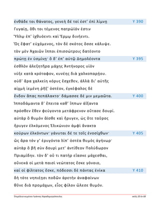 Ἐπιμέλεια κειμένου Ἰωάννης Καραδημητρόπουλος σελίς 20 ἐκ 68
ἐνθάδε τοι θάνατος, γενεὴ δέ τοί ἐστ’ ἐπὶ λίμνῃ Υ 390
Γυγαίῃ, ὅθι τοι τέμενος πατρώϊόν ἐστιν
Ὕλλῳ ἐπ’ ἰχθυόεντι καὶ Ἕρμῳ δινήεντι.
Ὣς ἔφατ’ εὐχόμενος, τὸν δὲ σκότος ὄσσε κάλυψε.
τὸν μὲν Ἀχαιῶν ἵπποι ἐπισσώτροις δατέοντο
πρώτῃ ἐν ὑσμίνῃ· ὃ δ’ ἐπ’ αὐτῷ Δημολέοντα Υ 395
ἐσθλὸν ἀλεξητῆρα μάχης Ἀντήνορος υἱὸν
νύξε κατὰ κρόταφον, κυνέης διὰ χαλκοπαρῄου.
οὐδ’ ἄρα χαλκείη κόρυς ἔσχεθεν, ἀλλὰ δι’ αὐτῆς
αἰχμὴ ἱεμένη ῥῆξ’ ὀστέον, ἐγκέφαλος δὲ
ἔνδον ἅπας πεπάλακτο· δάμασσε δέ μιν μεμαῶτα. Υ 400
Ἱπποδάμαντα δ’ ἔπειτα καθ’ ἵππων ἀΐξαντα
πρόσθεν ἕθεν φεύγοντα μετάφρενον οὔτασε δουρί.
αὐτὰρ ὃ θυμὸν ἄϊσθε καὶ ἤρυγεν, ὡς ὅτε ταῦρος
ἤρυγεν ἑλκόμενος Ἑλικώνιον ἀμφὶ ἄνακτα
κούρων ἑλκόντων· γάνυται δέ τε τοῖς ἐνοσίχθων· Υ 405
ὣς ἄρα τόν γ’ ἐρυγόντα λίπ’ ὀστέα θυμὸς ἀγήνωρ·
αὐτὰρ ὃ βῆ σὺν δουρὶ μετ’ ἀντίθεον Πολύδωρον
Πριαμίδην. τὸν δ’ οὔ τι πατὴρ εἴασκε μάχεσθαι,
οὕνεκά οἱ μετὰ παισὶ νεώτατος ἔσκε γόνοιο,
καί οἱ φίλτατος ἔσκε, πόδεσσι δὲ πάντας ἐνίκα Υ 410
δὴ τότε νηπιέῃσι ποδῶν ἀρετὴν ἀναφαίνων
θῦνε διὰ προμάχων, εἷος φίλον ὤλεσε θυμόν.
 