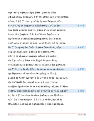 Ἐπιμέλεια κειμένου Ἰωάννης Καραδημητρόπουλος σελίς 24 ἐκ 68
τῆλ’ αὐτῇ πήληκι κάρη βάλε· μυελὸς αὖτε
σφονδυλίων ἔκπαλθ’, ὃ δ’ ἐπὶ χθονὶ κεῖτο τανυσθείς.
αὐτὰρ ὃ βῆ ῥ’ ἰέναι μετ’ ἀμύμονα Πείρεω υἱὸν
Ῥίγμον, ὃς ἐκ Θρῄκης ἐριβώλακος εἰληλούθει· Υ 485
τὸν βάλε μέσσον ἄκοντι, πάγη δ’ ἐν νηδύϊ χαλκός,
ἤριπε δ’ ἐξ ὀχέων· ὃ δ’ Ἀρηΐθοον θεράποντα
ἂψ ἵππους στρέψαντα μετάφρενον ὀξέϊ δουρὶ
νύξ’, ἀπὸ δ’ ἅρματος ὦσε· κυκήθησαν δέ οἱ ἵπποι.
Ὡς δ’ ἀναμαιμάει βαθέ’ ἄγκεα θεσπιδαὲς πῦρ Υ 490
οὔρεος ἀζαλέοιο, βαθεῖα δὲ καίεται ὕλη,
πάντῃ τε κλονέων ἄνεμος φλόγα εἰλυφάζει,
ὣς ὅ γε πάντῃ θῦνε σὺν ἔγχεϊ δαίμονι ἶσος
κτεινομένους ἐφέπων· ῥέε δ’ αἵματι γαῖα μέλαινα.
ὡς δ’ ὅτε τις ζεύξῃ βόας ἄρσενας εὐρυμετώπους Υ 495
τριβέμεναι κρῖ λευκὸν ἐϋκτιμένῃ ἐν ἀλωῇ,
ῥίμφά τε λέπτ’ ἐγένοντο βοῶν ὑπὸ πόσσ’ ἐριμύκων,
ὣς ὑπ’ Ἀχιλλῆος μεγαθύμου μώνυχες ἵπποι
στεῖβον ὁμοῦ νέκυάς τε καὶ ἀσπίδας· αἵματι δ’ ἄξων
νέρθεν ἅπας πεπάλακτο καὶ ἄντυγες αἳ περὶ δίφρον, Υ 500
ἃς ἄρ’ ἀφ’ ἱππείων ὁπλέων ῥαθάμιγγες ἔβαλλον
αἵ τ’ ἀπ’ ἐπισσώτρων· ὃ δὲ ἵετο κῦδος ἀρέσθαι
Πηλεΐδης, λύθρῳ δὲ παλάσσετο χεῖρας ἀάπτους.
 