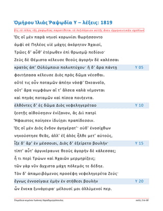 Ἐπιμέλεια κειμένου Ἰωάννης Καραδημητρόπουλος σελίς 3 ἐκ 68
Ὁμήρου Ἰλιάς Ῥαψῳδία Υ – λέξεις: 1819
Εἰς τὸ τέλος τῆς ῥαψῳδίας παρατίθεται τὸ λεξιλόγειον αὐτῆς ἄνευ ἑρμηνευτικῶν σχολίων
Ὣς οἳ μὲν παρὰ νηυσὶ κορωνίσι θωρήσσοντο
ἀμφὶ σὲ Πηλέος υἱὲ μάχης ἀκόρητον Ἀχαιοί,
Τρῶες δ’ αὖθ’ ἑτέρωθεν ἐπὶ θρωσμῷ πεδίοιο·
Ζεὺς δὲ Θέμιστα κέλευσε θεοὺς ἀγορὴν δὲ καλέσσαι
κρατὸς ἀπ’ Οὐλύμποιο πολυπτύχου· ἣ δ’ ἄρα πάντῃ Υ 05
φοιτήσασα κέλευσε Διὸς πρὸς δῶμα νέεσθαι.
οὔτέ τις οὖν ποταμῶν ἀπέην νόσφ’ Ὠκεανοῖο,
οὔτ’ ἄρα νυμφάων αἵ τ’ ἄλσεα καλὰ νέμονται
καὶ πηγὰς ποταμῶν καὶ πίσεα ποιήεντα.
ἐλθόντες δ’ ἐς δῶμα Διὸς νεφεληγερέταο Υ 10
ξεστῇς αἰθούσῃσιν ἐνίζανον, ἃς Διὶ πατρὶ
Ἥφαιστος ποίησεν ἰδυίῃσι πραπίδεσσιν.
Ὣς οἳ μὲν Διὸς ἔνδον ἀγηγέρατ’· οὐδ’ ἐνοσίχθων
νηκούστησε θεᾶς, ἀλλ’ ἐξ ἁλὸς ἦλθε μετ’ αὐτούς,
ἷζε δ’ ἄρ’ ἐν μέσσοισι, Διὸς δ’ ἐξείρετο βουλήν· Υ 15
τίπτ’ αὖτ’ ἀργικέραυνε θεοὺς ἀγορὴν δὲ κάλεσσας;
ἦ τι περὶ Τρώων καὶ Ἀχαιῶν μερμηρίζεις;
τῶν γὰρ νῦν ἄγχιστα μάχη πόλεμός τε δέδηε.
Τὸν δ’ ἀπαμειβόμενος προσέφη νεφεληγερέτα Ζεύς·
ἔγνως ἐννοσίγαιε ἐμὴν ἐν στήθεσι βουλὴν Υ 20
ὧν ἕνεκα ξυνάγειρα· μέλουσί μοι ὀλλύμενοί περ.
 